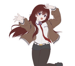 Rule 34 | 1girl, :d, arm up, belt, black eyes, black pantyhose, black shorts, breast pocket, breasts, bright pupils, brown jacket, collared shirt, dot nose, highres, jacket, kanzaki nyo, long hair, long sleeves, makise kurisu, necktie, open clothes, open hand, open jacket, open mouth, pantyhose, pocket, reaching, reaching towards viewer, red hair, red necktie, shirt, short shorts, shorts, sidelocks, simple background, small breasts, smile, solo, steins;gate, white background, white belt, white pupils, white shirt