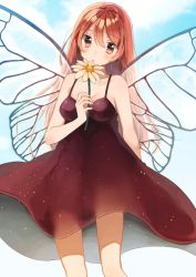 Rule 34 | 1girl, bad id, bad pixiv id, blush, breasts, brown hair, butterfly wings, cleavage, dress, flower, gradient background, insect wings, long hair, looking at viewer, original, parted lips, pink eyes, shigure ui, solo, wings