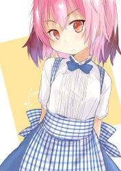 Rule 34 | 1girl, absurdres, apron, blue apron, blue bow, blue bowtie, bow, bowtie, checkered apron, checkered clothes, colored tips, commentary request, emphasis lines, flat chest, fyuo, gingham apron, hair between eyes, high-waist skirt, highres, kantai collection, kobeya, kobeya uniform, kunashiri (kancolle), multicolored hair, orange eyes, pink hair, plaid, plaid apron, pleated shirt, short hair, simple background, skirt, solo, two-tone hair, two side up, waitress, white background