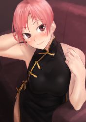 Rule 34 | 1girl, bare shoulders, blush, breasts, brown eyes, china dress, chinese clothes, dress, highres, kilye kairi, large breasts, looking at viewer, original, pink hair, short hair, side slit, sleeveless, smile, solo