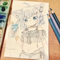 Rule 34 | 1girl, animal ears, arknights, art tools in frame, bikini, black bikini, blue eyes, blush, character name, closed mouth, cocktail, commentary, cup, drinking glass, drinking straw, fox ears, fox girl, haru (aona1122), highres, holding, holding cup, looking at viewer, material growth, multi-strapped bikini bottom, navel, oripathy lesion (arknights), purple hair, short hair, solo, sussurro (arknights), swimsuit, traditional media