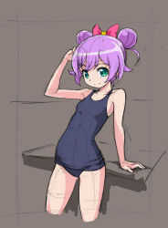 Rule 34 | 1girl, blue one-piece swimsuit, blue school swimsuit, bow, brown background, cropped legs, double bun, green eyes, hair bow, hair bun, looking at viewer, manaka laala, old school swimsuit, one-piece swimsuit, pretty series, pripara, purple hair, rohitsuka, school swimsuit, short hair, sketch, smile, solo, swimsuit