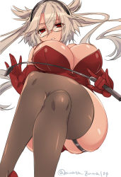Rule 34 | 10s, 1girl, alternate costume, black thighhighs, blonde hair, breasts, dark-skinned female, dark skin, dominatrix, elbow gloves, female focus, from below, garter straps, gloves, hair between eyes, kantai collection, kuritomo, large breasts, looking at viewer, musashi (kancolle), parted lips, red eyes, red gloves, short hair, skindentation, solo, thighhighs, thighs, twintails, two side up
