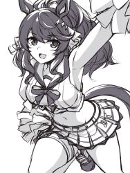 Rule 34 | 1girl, animal ears, arm up, armpits, breasts, cheerleader, cosplay, crop top, daring tact (umamusume), greyscale, hair between eyes, holding, holding pom poms, horse ears, horse girl, horse tail, jacket, large breasts, looking at viewer, midriff, miniskirt, monochrome, navel, nice nature (run&amp;win) (umamusume), nice nature (umamusume), nice nature (umamusume) (cosplay), open mouth, pataneet, pom pom (cheerleading), pom poms, ponytail, ribbon, simple background, skirt, sleeveless, solo, tail, umamusume