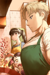 Rule 34 | 1boy, 3girls, anya (spy x family), apron, becky blackbell, black hair, blue eyes, blush, cooking, earrings, fire, food, girl staring at guy&#039;s chest (meme), haraya manawari, heart, heart-shaped pupils, highres, jewelry, kitchen, large pectorals, long hair, looking at another, meat, meme, multiple girls, open mouth, pectorals, red eyes, short hair, sparkling eyes, spy x family, symbol-shaped pupils, twilight (spy x family), white apron, yor briar