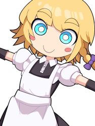 Rule 34 | 1girl, apron, black dress, black gloves, blonde hair, blush, blush stickers, bow, braid, bright pupils, closed mouth, collared shirt, commentary request, cookie (touhou), cowboy shot, dress, elbow gloves, flat chest, gloves, hair bow, hospital king, kirisame marisa, looking at viewer, medium bangs, meguru (cookie), outstretched arms, pinafore dress, puffy sleeves, purple bow, shirt, short hair, side braid, simple background, single braid, sleeveless, sleeveless dress, smile, solo, spread arms, thick eyebrows, touhou, white apron, white background, white pupils, white shirt