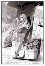 Rule 34 | 1girl, absurdres, bag, black border, border, breasts, cellphone, collared shirt, commentary request, dress shirt, earrings, from below, greyscale, handbag, high heels, highres, holding, holding phone, holding umbrella, jewelry, large breasts, long hair, looking at phone, mature female, miniskirt, monochrome, nr noir, office lady, original, outdoors, pantyhose, pencil skirt, phone, plant, potted plant, rain, road sign, shirt, sidelocks, sign, skirt, smartphone, solo, thighs, toe cleavage, umbrella