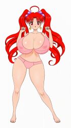 Rule 34 | 1girl, akiranime, animated, animated gif, antenna hair, barefoot, blush, bouncing breasts, bra, breasts, cleavage, covered erect nipples, ear piercing, earrings, eiken, feet, hair bobbles, hair ornament, hip shake, huge breasts, jewelry, lingerie, lips, long hair, navel, panties, piercing, pink bra, pink panties, red eyes, red hair, shinonome chiharu, solo, thick thighs, thighs, twintails, underwear