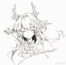 Rule 34 | 1girl, arknights, artist name, chinese commentary, closed eyes, commentary request, cropped shoulders, dragon girl, dragon horns, facing viewer, greyscale, highres, horns, jewelry, long hair, monochrome, necklace, open mouth, shu (arknights), simple background, sketch, smile, solo, watermark, weibo logo, white background, ya17033999