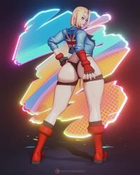 Rule 34 | 1girl, 3d, abs, alternate hairstyle, animated, ass, blonde hair, blue eyes, blue jacket, boots, cammy white, cropped jacket, fingerless gloves, flag print, full body, gloves, hand on own hip, highleg, highleg panties, huge ass, jacket, leather, leather jacket, lips, looking at viewer, looking back, lowres, micro panties, narrow waist, no bra, no shirt, open clothes, open jacket, panties, pants, revealing clothes, rushzilla, short hair, single vambrace, skindentation, smile, solo, street fighter, street fighter 6, t-back spats, thick thighs, thighs, thong, tight clothes, tight pants, underwear, vambraces, video, wide hips