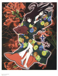 Rule 34 | 1girl, absurdres, artbook, black hair, bracelet, doll, enma ai, floral background, floral print, flower, from side, full body, highres, japanese clothes, jewelry, jigoku shoujo, kimono, long hair, long sleeves, looking at viewer, obi, official art, oka mariko, outline, red eyes, sash, scan, solo, spider lily, straw doll, tabi, white legwear, wide sleeves