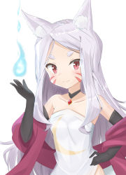 Rule 34 | 1girl, animal ear fluff, animal ears, bare shoulders, black choker, black gloves, blue fire, blush, choker, closed mouth, commentary request, derivative work, dress, elbow gloves, facial mark, fire, fox ears, gloves, hand on own hip, highres, long hair, looking at viewer, red eyes, sewayaki kitsune no senko-san, shawl, shiro (sewayaki kitsune no senko-san), short eyebrows, silver hair, simple background, smile, solo, strapless, thick eyebrows, upper body, very long hair, white background, white dress, yutsuki warabi