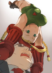 Rule 34 | 1boy, 1girl, absurdres, beret, boots, braid, breasts, brown footwear, cammy white, eye contact, fighting game, formal, glasses, gloves, green eyes, green leotard, hands on another&#039;s shoulders, hat, highleg, highleg leotard, highres, k katora, large breasts, legs, leotard, long hair, looking at another, medium breasts, necktie, open mouth, red gloves, red headwear, shirt, shoulder grab, street fighter, street fighter ii (movie), street fighter ii (series), suit, thighs, twin braids, twintails, upside-down