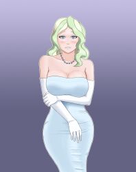 Rule 34 | 1girl, arm under breasts, artist name, bare shoulders, blue dress, blue eyes, blush, breast lift, breasts, cleavage, cowboy shot, diana cavendish, dress, elbow gloves, gloves, gradient background, green hair, jewelry, large breasts, light blue dress, light smile, little witch academia, looking at viewer, medium hair, multicolored hair, necklace, non-web source, off-shoulder dress, off shoulder, pearl necklace, purple background, smile, solo, standing, strapless, strapless dress, thotticus-slayer, tight clothes, tight dress, tube dress, two-tone hair, wavy hair, wavy mouth, white hair