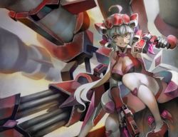Rule 34 | 1girl, ahoge, breasts, bullet, bullet in mouth, cleavage, cleavage cutout, clothing cutout, dual wielding, gangsta hold, gatling gun, gun, hair between eyes, handgun, headgear, holding, large breasts, long hair, low twintails, missile, mouth hold, purple eyes, revolver, senki zesshou symphogear, silver hair, sitting, smile, solo, thighhighs, twintails, visqi, weapon, yukine chris