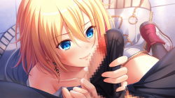 Rule 34 | 1girl, black legwear, blonde hair, blue eyes, censored, character request, closed mouth, collarbone, deep one kyomu to mugen no fragment, earrings, from above, game cg, hair between eyes, jewelry, mosaic censoring, official art, penis, pov, shoes, smile, sneakers