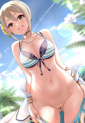 Rule 34 | 1girl, :d, bar censor, bare shoulders, belt, bikini, bikini top only, black choker, blonde hair, blue sky, blush, bottomless, bracelet, braid, breasts, brown eyes, censored, choker, clothes pull, collarbone, contrail, cowboy shot, crown braid, day, dutch angle, flower, front-tie top, gluteal fold, groin, hair flower, hair ornament, halterneck, highres, idolmaster, idolmaster cinderella girls, jewelry, layered bikini, lens flare, looking at viewer, medium breasts, mk (mod0), navel, necklace, off shoulder, open clothes, open fly, open mouth, outdoors, palm tree, pulled by self, pussy, round teeth, shiomi syuko, short hair, sky, smile, solo, stomach, striped bikini, striped clothes, sweat, swimsuit, teeth, tree, upper teeth only, yellow flower
