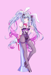 Rule 34 | 1girl, :q, absurdres, ahoge, animal ears, arm belt, bare shoulders, blue eyes, blue hair, blush, bow, breasts, card, chest harness, clothing cutout, colored inner hair, cuffs, cutout above navel, fake animal ears, fishnet pantyhose, fishnets, gganmaneul, hair bow, hair ornament, hairband, handcuffs, harness, hatsune miku, heart cutout, high heels, highres, leotard, light blue hair, long hair, looking at viewer, medium breasts, multicolored hair, pantyhose, pink background, pink hair, pink pupils, playboy bunny, playing card, purple hair, purple leotard, rabbit ears, rabbit hole (vocaloid), ribbon, simple background, smile, solo, stomach cutout, streaked hair, teardrop facial mark, thigh strap, tongue, tongue out, twintails, very long hair, vocaloid, x hair ornament
