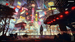 Rule 34 | 1other, absurdres, ad, architecture, artist name, billboard, building, city, cyberpunk, from behind, glowing, highres, hood, hoodie, hover vehicle, lantern, light, neon lights, night, original, outdoors, photoshop (medium), railing, rain, reflection, scenery, science fiction, skyscraper, solarliu, stairs, tire, trash