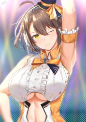 Rule 34 | 1girl, ;), absurdres, ahoge, arm strap, arm up, armpits, azur lane, baltimore (azur lane), baltimore (muse) (azur lane), bare shoulders, bow, braid, breasts, brown hair, center frills, center opening, clothing cutout, collared shirt, commentary, crop top, english commentary, french braid, frills, hair between eyes, hand on own hip, hat, headset, highres, idol, large breasts, looking at viewer, mini hat, navel, navel cutout, official alternate costume, one eye closed, orange bow, shirt, short hair, sidelocks, signature, sleeveless, smile, solo, stage lights, standing, tacticsalt, underboob, underboob cutout, upper body, white shirt, yellow eyes