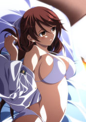 Rule 34 | 10s, 1girl, bed, bikini, brave witches, breasts, brown eyes, brown hair, highres, ka2, karibuchi takami, large breasts, long hair, lying, matching hair/eyes, military, military uniform, on back, open clothes, open shirt, parted lips, shirt, sideboob, solo, swimsuit, uniform, world witches series