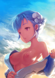 Rule 34 | 10s, 1girl, bare shoulders, blue hair, breasts, cloud, day, fin e ld si laffinty, flower, hair flower, hair ornament, medium breasts, nipples, no bra, open mouth, parted lips, purple eyes, rinne no lagrange, ritsuki, shiny skin, sky, solo, undressing, zipper