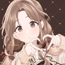 Rule 34 | 1girl, 4-fingers heart hands, :o, blush, brown hair, commentary, dotted line, fingernails, frilled shirt collar, frills, grid background, head tilt, heart, heart background, heart hands, highres, ichikawa hinana, idolmaster, idolmaster shiny colors, kimishiromi, long hair, looking at viewer, nail polish, sailor collar, solo, twitter username, upper body, white sailor collar