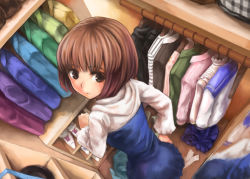 Rule 34 | 1girl, brown eyes, brown hair, closet, clothes hanger, clothes on floor, from above, hagiwara yukiho, idolmaster, idolmaster (classic), looking back, perspective, short hair, solo, yakusa