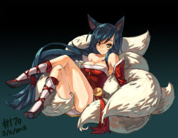 Rule 34 | 1girl, 2013, ahri (league of legends), animal ears, blue hair, breasts, cleavage, dated, detached sleeves, fox ears, fox tail, junkpuyo, league of legends, crossed legs, long hair, low-tied long hair, md5 mismatch, medium breasts, multiple tails, sitting, smile, socks, solo, tail, tail censor, very long hair, whiskers, yellow eyes