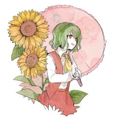 Rule 34 | 1girl, :d, ascot, collared shirt, commentary request, flower, green hair, holding, holding umbrella, kazami yuuka, long sleeves, medium hair, open clothes, open mouth, open vest, parasol, red eyes, red skirt, red vest, shirt, simple background, skirt, smile, solo, sunflower, tarako supa, touhou, umbrella, vest, wavy hair, white background, white shirt, yellow ascot