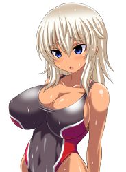Rule 34 | 1girl, :o, absurdres, arms behind back, blonde hair, blue eyes, breasts, cleavage, competition swimsuit, highres, huge breasts, impossible clothes, impossible swimsuit, konno tohiro, long hair, one-piece swimsuit, original, simple background, solo, swimsuit, tan, wet, white background