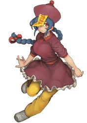 Rule 34 | 1girl, absurdres, arms at sides, blue hair, bow, braid, braided ponytail, breasts, chanta (ayatakaoisii), closed mouth, dress, floating hair, hair bow, hat, highres, jiangshi, large breasts, long hair, looking at viewer, original, pants, red bow, red dress, red eyes, red hat, red sash, sash, short sleeves, simple background, single braid, solo, sweat, white background, yellow pants