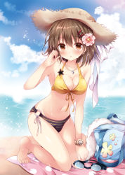 Rule 34 | 1girl, :o, armpits, bare arms, bare legs, bare shoulders, barefoot, beach, beach towel, bikini, bikini top only, blue sky, blush, breasts, brown eyes, brown hair, brown hat, cleavage, cloud, collarbone, copyright request, day, flower, front-tie bikini top, front-tie top, full body, hair flower, hair ornament, hat, jewelry, kneeling, kurei kei, looking at viewer, medium breasts, navel, necklace, nogi takayoshi, o-ring, o-ring bikini, o-ring bottom, outdoors, parted lips, pendant, pink flower, pocket, programming live broadcast, pronama-chan, ribbon, short hair, sky, solo, stomach, straw hat, striped bikini, striped clothes, summer, swimsuit, tareme, toes, towel, unzipped, watch, wristwatch, yellow bikini, yellow ribbon