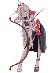 Rule 34 | 1girl, absurdres, animal ears, armor, arrow (projectile), bad id, bad pixiv id, bandages, bare shoulders, bow (weapon), closed mouth, facial mark, fang, fang out, female focus, fox ears, grey hair, hakurou (onmyoji), highres, holding, holding arrow, leaning, leaning forward, leaning on object, long hair, looking at viewer, mumuy, onmyoji, pauldrons, red eyes, shoulder armor, simple background, single pauldron, sketch, solo, weapon, white background