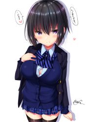 Rule 34 | 1girl, black hair, black jacket, black thighhighs, blazer, blue bow, blue cardigan, blue shirt, blue skirt, blush, bow, breasts, button gap, cardigan, closed mouth, collared shirt, diagonal stripes, dress shirt, drop shadow, hair between eyes, hand on own chest, hand up, heart, highres, jacket, large breasts, long sleeves, looking at viewer, mokufuu, open clothes, open jacket, original, plaid, plaid skirt, pleated skirt, purple eyes, school uniform, shirt, short hair, signature, skirt, sleeves past wrists, smile, solo, striped, striped bow, thighhighs, translation request, white background