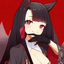 Rule 34 | 1girl, :d, akagi (azur lane), akutaa, animal ears, azur lane, black gloves, black hair, blunt bangs, breasts, cleavage, commentary request, fox ears, fox girl, fox tail, gloves, grin, hair tubes, highres, japanese clothes, kitsune, kyuubi, long hair, long sleeves, looking at viewer, multiple tails, open mouth, red background, red eyes, sidelocks, smile, solo, tail, wide sleeves