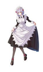 Rule 34 | 1girl, absurdres, apron, black dress, black footwear, blunt bangs, closed mouth, curtsey, dress, flower, full body, genshin impact, guishenshi, hair flower, hair ornament, highres, long sleeves, looking at viewer, maid, maid apron, maid headdress, noelle (genshin impact), red flower, red rose, rose, short hair, smile, solo, white apron, white background, white hair, yellow eyes