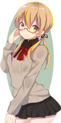 Rule 34 | 10s, 1girl, adjusting eyewear, alternate costume, bad id, bad pixiv id, blonde hair, bow, bowtie, collared shirt, glasses, glasses day, hair ribbon, hand up, kantai collection, pleated skirt, prinz eugen (kancolle), red-framed eyewear, ribbon, shirt, simple background, skirt, solo, sweater, touko (toukoneko), twintails
