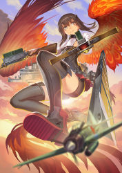 Rule 34 | 10s, 1girl, aircraft, airplane, black thighhighs, boots, breasts, brown eyes, brown hair, cloud, day, flying, full body, kantai collection, looking away, madyy, sky, small breasts, smile, solo, taihou (kancolle), thighhighs, wings