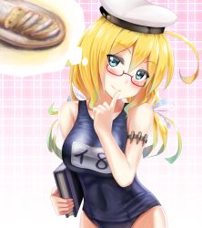 Rule 34 | 10s, 1girl, blonde hair, blue eyes, book, bread, breasts, food, glasses, hand to own mouth, hat, i-8 (kancolle), kantai collection, large breasts, long hair, low twintails, military hat, name tag, one-piece swimsuit, peaked cap, red-framed eyewear, school swimsuit, smile, solo, swimsuit, thinking, tooi aoiro, twintails