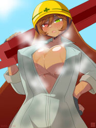 Rule 34 | 1girl, blue sky, blush, breasts, breath, brown hair, carrying over shoulder, cleavage, constriction, construction worker, covered erect nipples, eyelashes, fingerless gloves, from below, gloves, hand on own hip, hard hat, helmet, heterochromia, highres, holding, hot, i-beam, itini-sanshi, large breasts, long hair, looking at viewer, open mouth, rozen maiden, shiny skin, signature, sky, steam, steaming body, steel beam, suiseiseki, summer, sunlight, sweat, tan, upper body, very long hair, yellow headwear