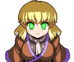 Rule 34 | &gt;:(, 1girl, :&lt;, anger vein, bad id, bad pixiv id, blonde hair, breasts, female focus, frown, green eyes, large breasts, mizuhashi parsee, mono (moiky), pointy ears, scarf, short hair, solo, touhou, transparent background, v-shaped eyebrows