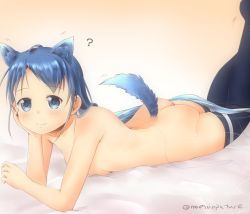 Rule 34 | 1girl, ?, animal ears, arm rest, artist name, ass, back, bed sheet, black thighhighs, blue eyes, blue hair, blue thighhighs, breasts, collarbone, commentary request, dog ears, dog girl, dog tail, extra ears, female focus, gradient background, kantai collection, kemonomimi mode, long hair, looking at viewer, lying, mae (maesanpicture), matching hair/eyes, nude, on stomach, samidare (kancolle), simple background, small breasts, solo, swept bangs, tail, thighhighs, very long hair