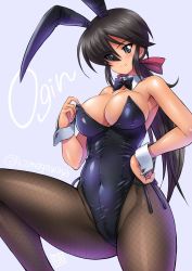 Rule 34 | 1girl, alternate costume, bare shoulders, black hair, black leotard, blush, bow, breasts, character name, cleavage, covered navel, dark-skinned female, dark skin, fishnet pantyhose, fishnets, girls und panzer, grey background, grey eyes, hair bow, hair over one eye, hand on own hip, highleg, highleg leotard, kamogawa tanuki, large breasts, leg up, leotard, leotard pull, long hair, ogin (girls und panzer), pantyhose, playboy bunny, ponytail, pulled by self, shiny clothes, shiny skin, side-tie leotard, signature, simple background, smile, solo, twitter username, wrist cuffs