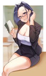 1girl absurdres alternate_costume black_skirt blue_eyes blue_hair blush book breasts classroom cleavage desk ear_piercing forehead glasses hair_intakes hand_in_own_hair highres holding holding_book hololive hololive_english indoors large_breasts looking_at_viewer medium_hair nannachu7 on_desk ouro_kronii piercing sitting skirt smile solo virtual_youtuber