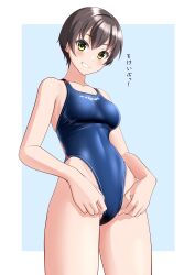 1girl absurdres aqua_background black_hair blue_one-piece_swimsuit breasts brown_eyes commentary_request competition_swimsuit covered_navel cowboy_shot grin highres looking_at_viewer medium_breasts one-piece_swimsuit original short_hair smile solo swimsuit takafumi translation_request variant_set