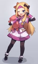 Rule 34 | 1girl, abigail williams (fate), ainu clothes, black pantyhose, blonde hair, blue eyes, blush, breasts, cosplay, fate/grand order, fate (series), fingerless gloves, forehead, full body, fur trim, gloves, hairband, highres, long hair, looking at viewer, miya (miyaruta), one eye closed, open mouth, pantyhose, parted bangs, purple gloves, purple hairband, purple scarf, sash, scarf, shirt, sitonai (fate), sitonai (fate) (cosplay), skirt, small breasts, smile, v over eye, white shirt, white skirt