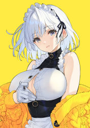 Rule 34 | 1girl, black ribbon, blue eyes, breasts, cleavage cutout, clothing cutout, commentary request, copyright name, fang, gloves, hair ribbon, large breasts, looking at viewer, maid headdress, o-ring, open mouth, original, ribbon, saitou masatsugu, short hair, simple background, solo, sweater, white gloves, white hair, yellow background, yellow sweater, zipper, zipper pull tab