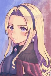 Rule 34 | 1girl, blonde hair, blush, closed mouth, collared shirt, constance von nuvelle, curly hair, earrings, fire emblem, fire emblem: three houses, hairband, highres, jewelry, long hair, looking at viewer, nintendo, purple eyes, shirt, simple background, smile, solo, umeumeumestar, upper body