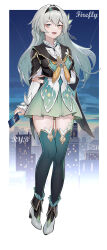 Rule 34 | 1girl, absurdres, arm behind back, artist name, black hairband, black jacket, blue sky, card, character name, city, commentary, commentary request, english commentary, firefly (honkai: star rail), full body, green skirt, green thighhighs, grey hair, hairband, hand on own arm, high heels, highres, holding, holding card, honkai: star rail, honkai (series), jacket, long hair, long sleeves, looking at viewer, mixed-language commentary, open mouth, ryb, skirt, sky, smile, solo, thighhighs, white footwear, yellow eyes